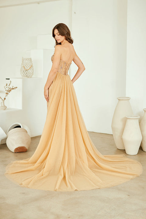 Elegant Beaded Strapless Slit Gown by Amelia Couture SU091