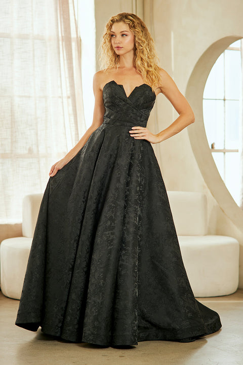 Classic Strapless Brocade A-Line Evening Gown by Amelia Couture 8061