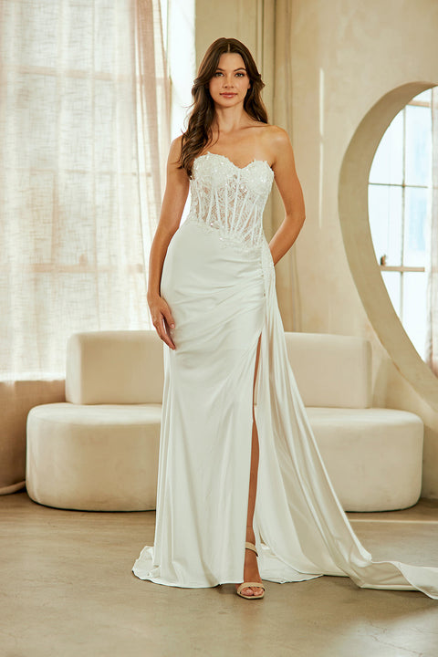 Elegant Appliqué Strapless Slit Gown by Amelia Couture 2076