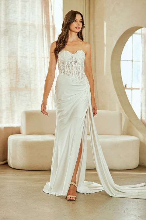 Elegant Appliqué Strapless Slit Gown by Amelia Couture 2076