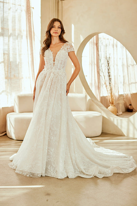 Elegant Appliqué Bridal Gown with Short Sleeves by Amelia Couture 2142