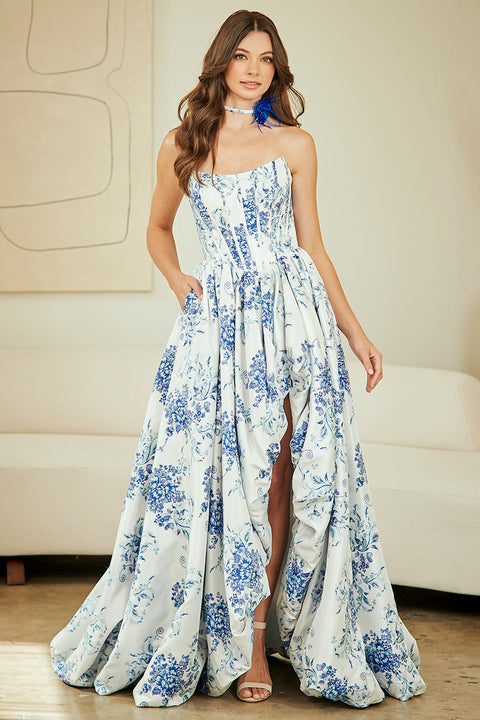 Strapless Print A-Line Evening Gown by Amelia Couture 2079
