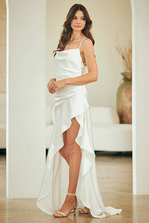 Amelia Couture 6131 Sleek Satin Fitted Gown with Cowl Neckline and Slit