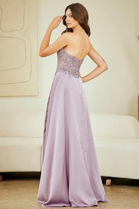 Amelia Couture 6204 Strapless Appliqué Gown with Elegant Slit