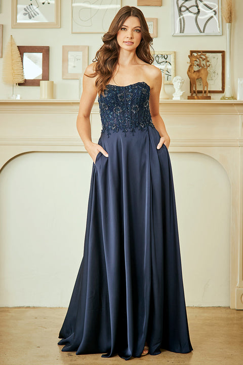 Amelia Couture 6204 Strapless Appliqué Gown with Elegant Slit