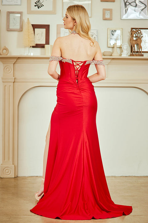 Amelia Couture 7086 Beaded Off-Shoulder Gown with Elegant Slit