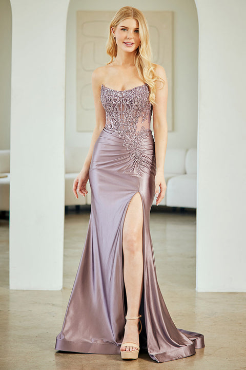 Strapless Appliqué Gown with Slit by Amelia Couture 8059