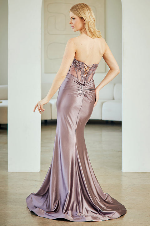 Strapless Appliqué Gown with Slit by Amelia Couture 8059