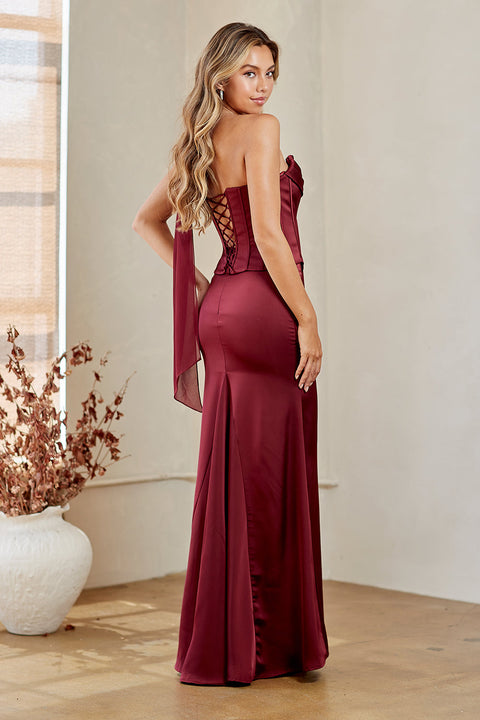 Amelia Couture 6138 Satin Strapless Scarf Gown with Elegant Silhouette