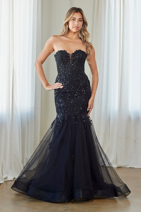 Amelia Couture 7090 Appliqué Strapless Slit Gown