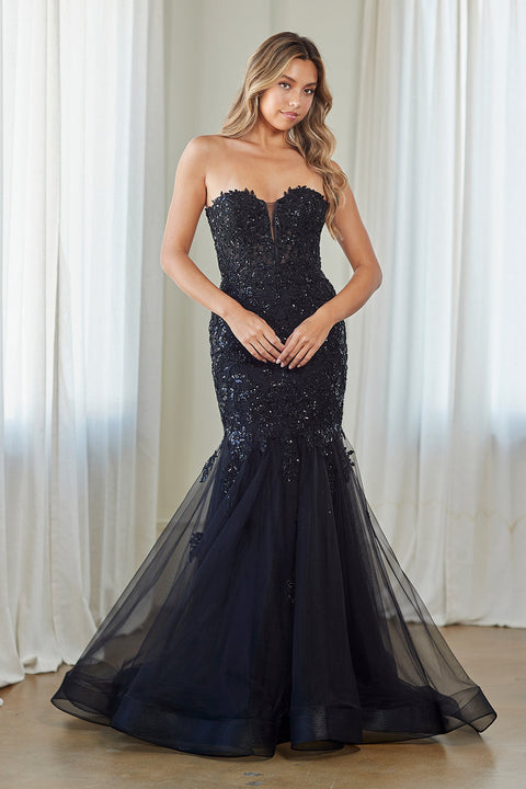 Amelia Couture 7090 Appliqué Strapless Slit Gown