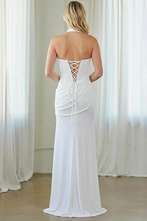 Amelia Couture 6150 Fitted Halter V-Neck Gown