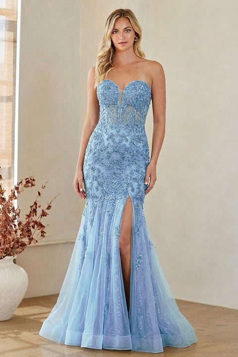 Amelia Couture 7090 Appliqué Strapless Slit Gown