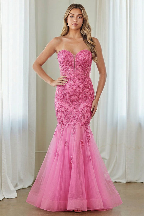 Amelia Couture 7090 Appliqué Strapless Slit Gown