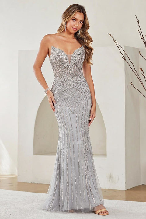 Amelia Couture 9095 Beaded Fitted Strapless Gown
