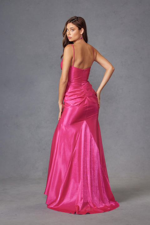 Juliet JT2891S Long Fitted V-Neck Slit Satin Prom Dress – Fuchsia