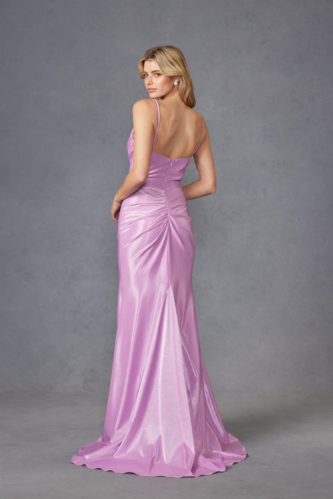 Juliet JT2891S Long Fitted V-Neck Slit Satin Prom Dress – Fuchsia
