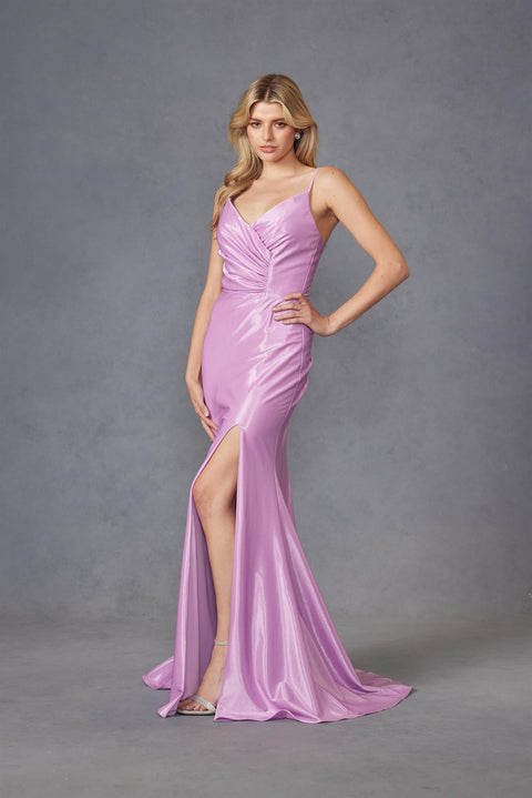 Juliet JT2891S Long Fitted V-Neck Slit Satin Prom Dress – Fuchsia
