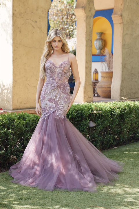Juliet JT2916H Long Mermaid Floral Tulle Prom Dress – Black
