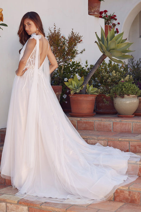 Juliet JT2602CW Long A-Line V-Neck Tulle Wedding Dress – Nude