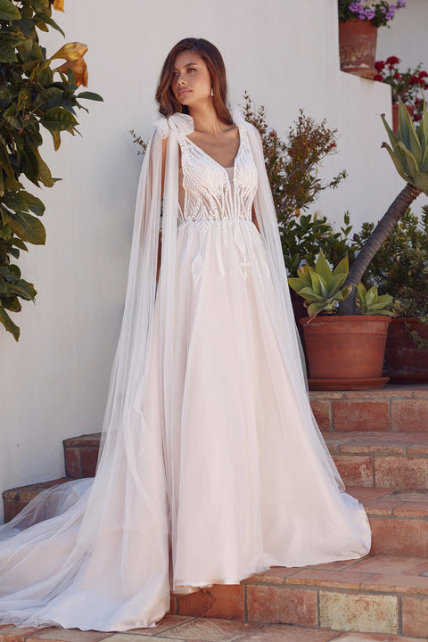 Juliet JT2602CW Long A-Line V-Neck Tulle Wedding Dress – Nude