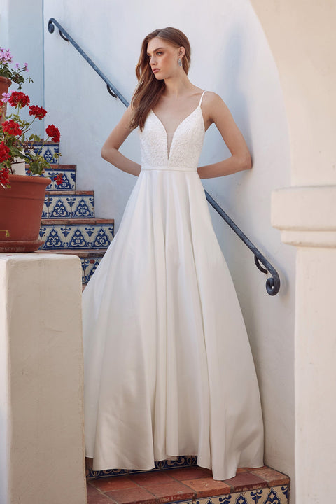Juliet JT2603CW Long A-Line V-Neck Satin Wedding Dress – Off White