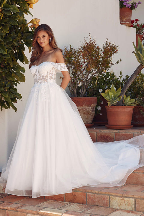 Juliet JT2606LW Long A-Line Sweetheart Floral Wedding Dress – Off White