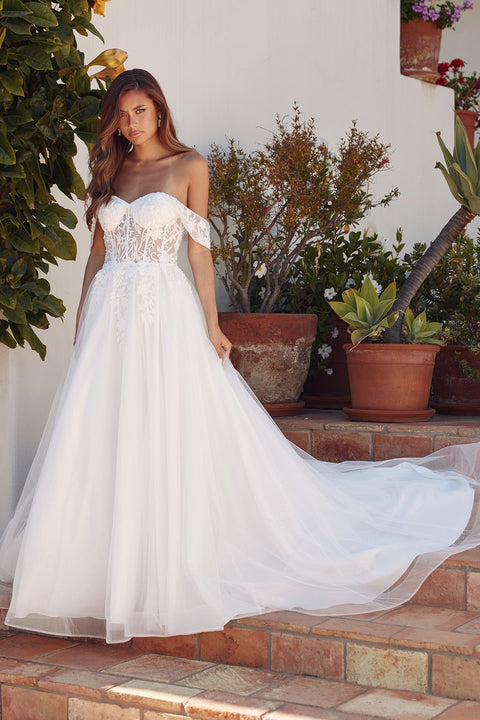 Juliet JT2606LW Long A-Line Sweetheart Floral Wedding Dress – Off White