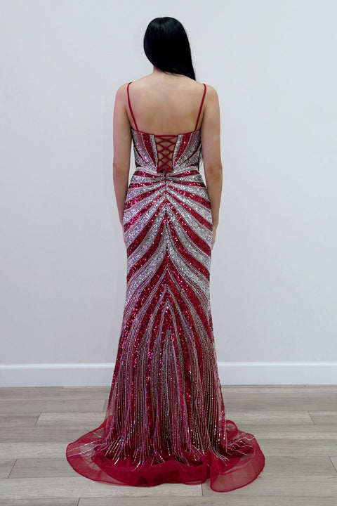 Juliet JT2625U Long Fitted V-Neck Slit Prom Dress – Burgundy/Silver