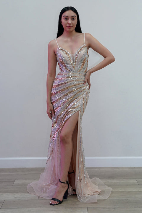 Juliet JT2625U Long Fitted V-Neck Slit Prom Dress – Burgundy/Silver