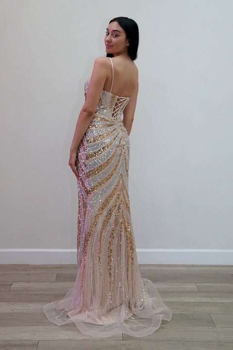 Juliet JT2625U Long Fitted V-Neck Slit Prom Dress – Burgundy/Silver