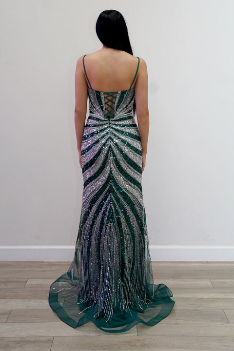 Juliet JT2625U Long Fitted V-Neck Slit Prom Dress – Burgundy/Silver