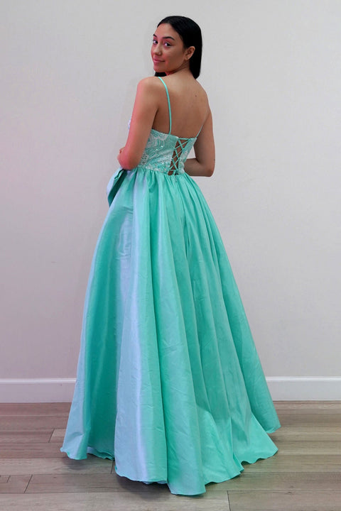 Juliet JT2701A Long Sweetheart Beaded Satin Prom Dress – Aqua Mint