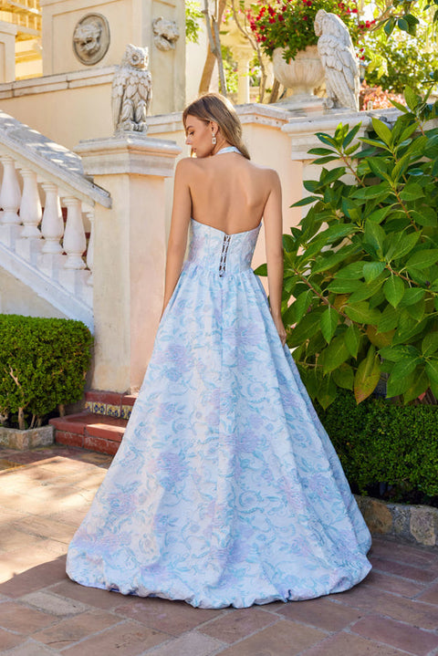 Juliet JT2742A Long Ballgown Halter Floral Prom Dress – Aqua Mist
