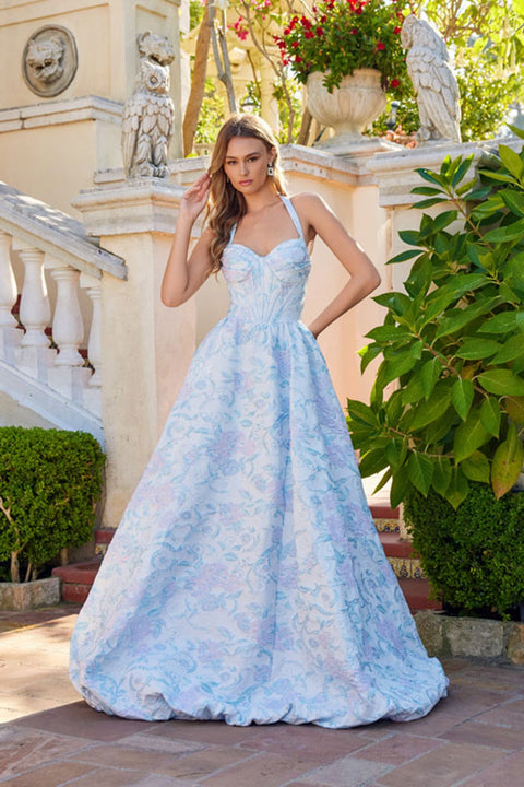 Juliet JT2742A Long Ballgown Halter Floral Prom Dress – Aqua Mist