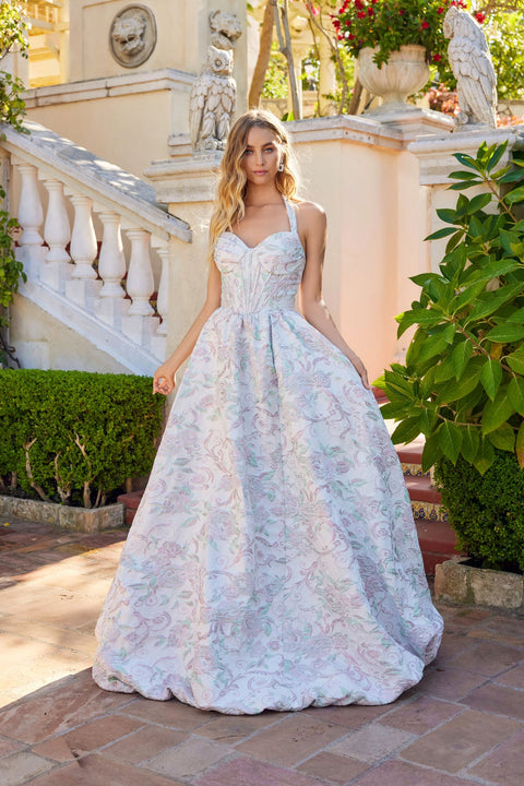 Juliet JT2742A Long Ballgown Halter Floral Prom Dress – Aqua Mist