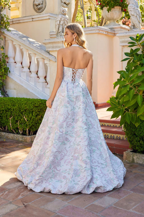Juliet JT2742A Long Ballgown Halter Floral Prom Dress – Aqua Mist