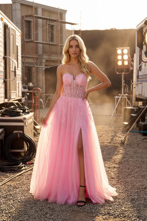 Juliet JT2622U Long Strapless Slit Tulle Prom Dress – Baby Pink