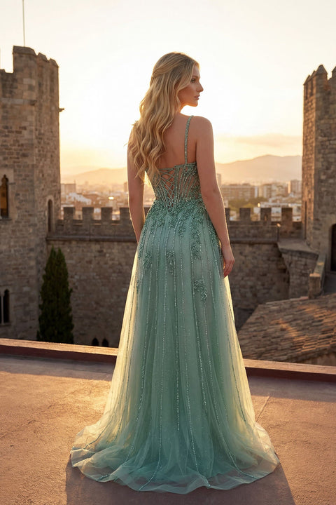 Juliet JT2710T Long Fitted V-Neck Beaded Tulle Prom Dress – Lilac