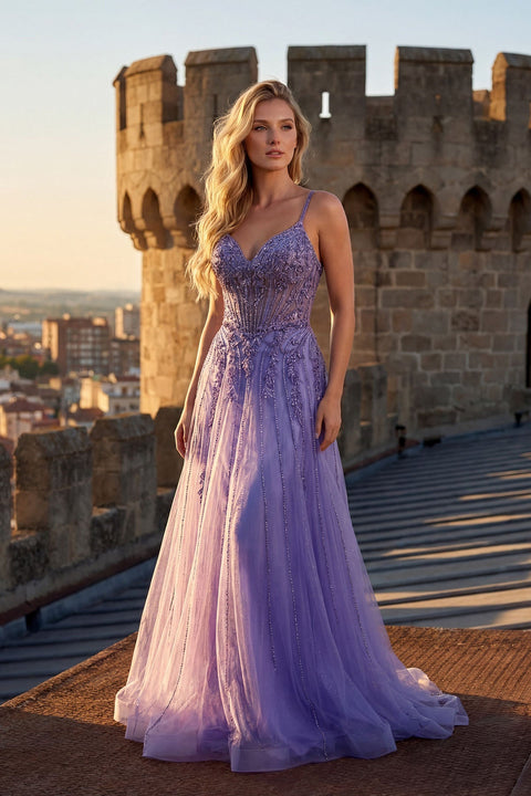 Juliet JT2710T Long Fitted V-Neck Beaded Tulle Prom Dress – Lilac