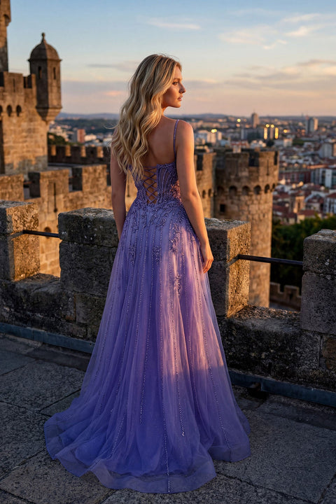 Juliet JT2710T Long Fitted V-Neck Beaded Tulle Prom Dress – Lilac