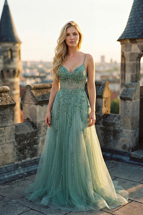 Juliet JT2710T Long Fitted V-Neck Beaded Tulle Prom Dress – Lilac