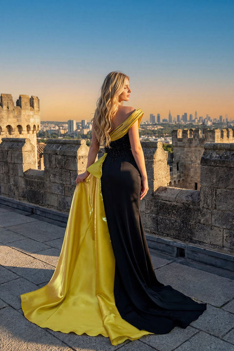 Juliet JT2712C Long One Shoulder Slit Satin Prom Dress – Black