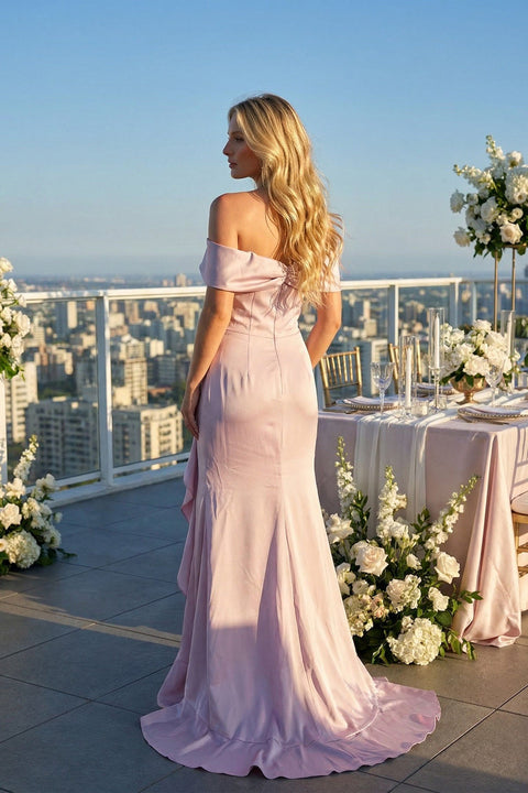 Juliet JT2721C Long Off Shoulder Ruffle Satin Prom Dress – Dusty Pink