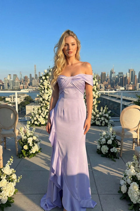 Juliet JT2721C Long Off Shoulder Ruffle Satin Prom Dress – Dusty Pink