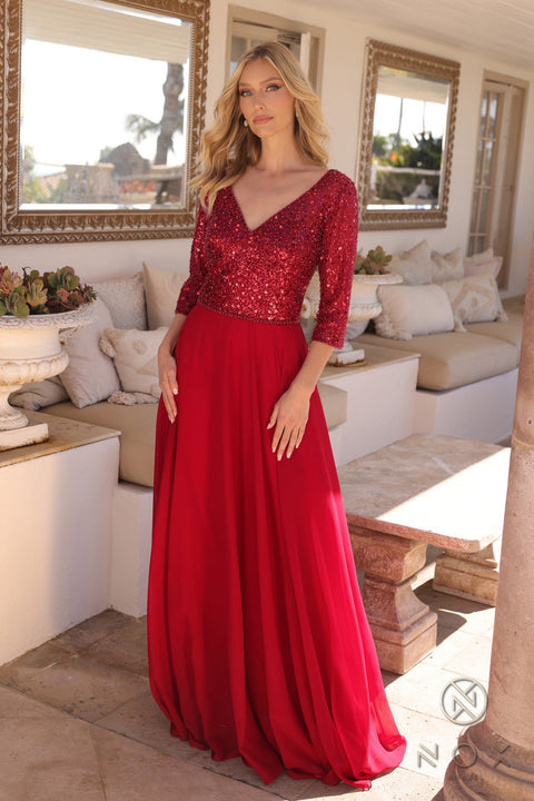 Nox Anabel A-line Gown with Sequin Bodice and 3/4 Sleeves MF103