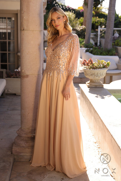 Nox Anabel A-line Gown with Sequin Bodice and 3/4 Sleeves MF100