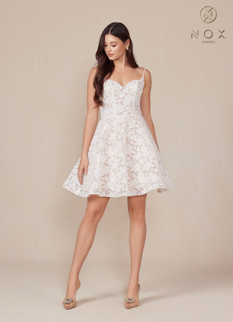 White Short Dress with Floral Lace by Nox Anabel E917W