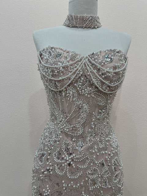 Nox Anabel T7102 Beaded Short Strapless Slit Dress