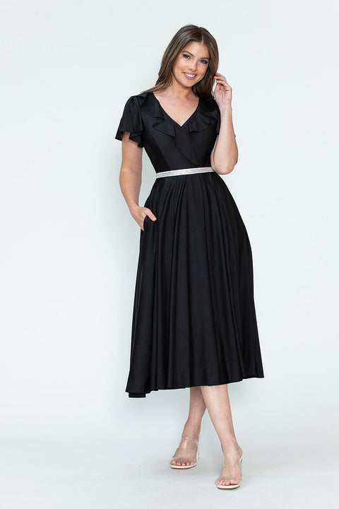 Short Ruffle Pleated Midi Cocktail Dress Lenovia 5295